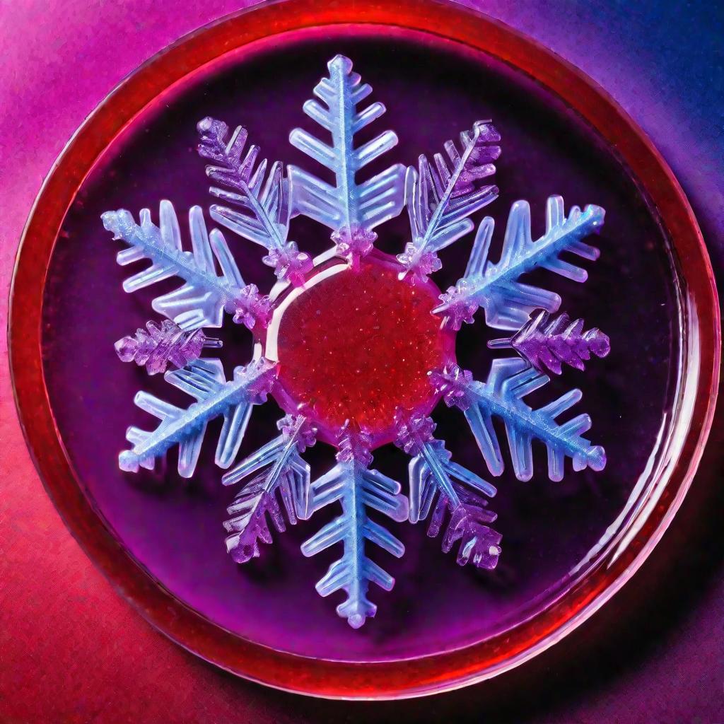 Чашка Петри с красным студенистым веществом, синими и фиолетовыми кристаллами внутри, снята сверху