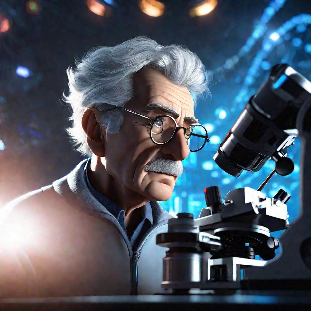 Портрет пожилого ученого за микроскопом с множеством линз и кнопок