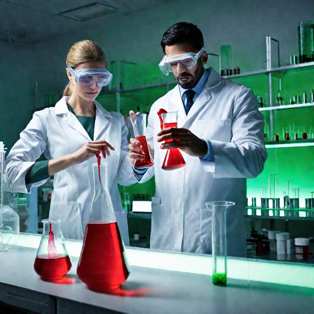 Два ученых в белой лаборатории проводят эксперимент, смешивая жидкости