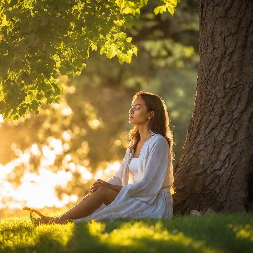Девушка медитирует под деревом на закате