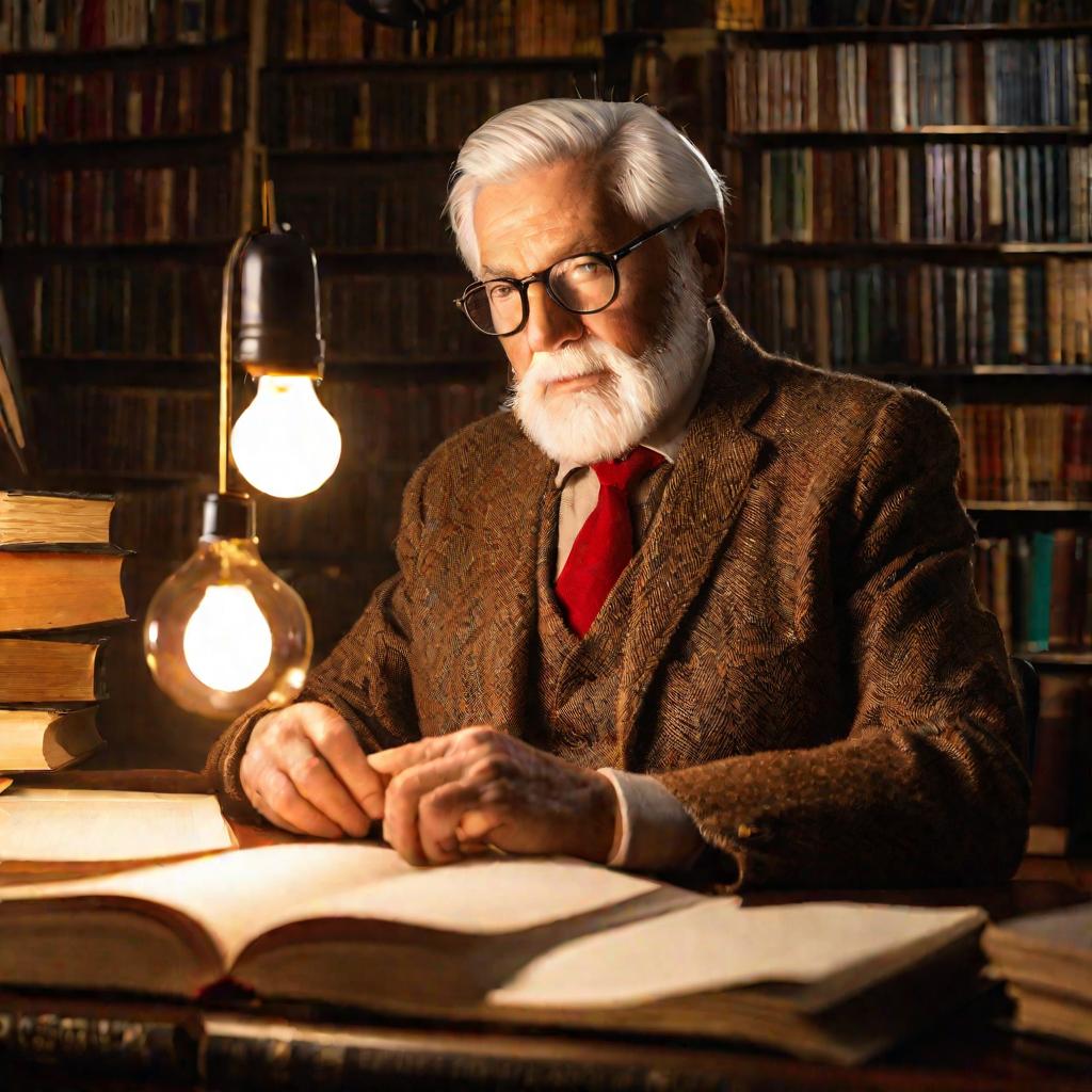 Пожилой ученый держит лампочку, излучающую энергию идей, на фоне окна библиотеки.