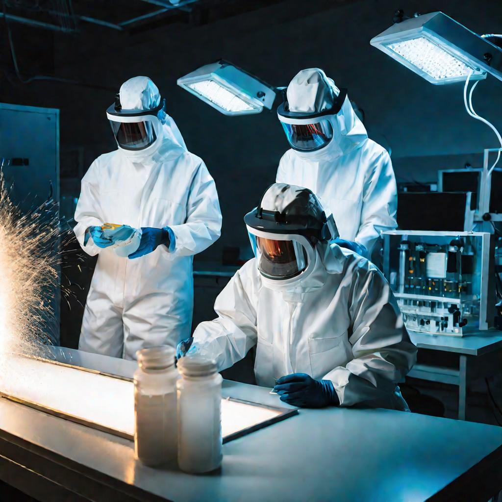 Изображение 3: Широкий план четырех ученых в защитной одежде, работающих с оборудованием, содержащим опасный декан, на ярком студийном свету.
