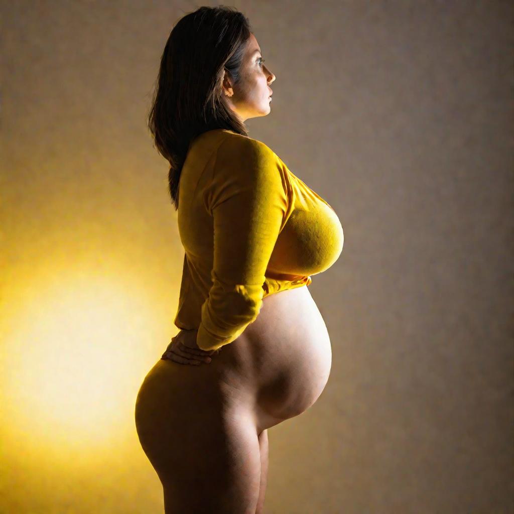 Беременная женщина стоит и смотрит на растяжки на своем округлом животе.