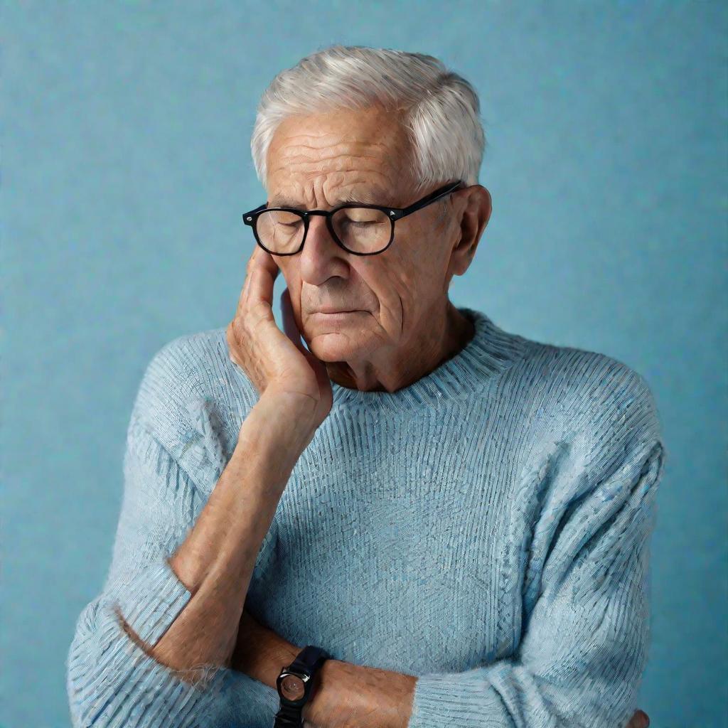 Пожилой мужчина задумчиво массирует поясницу, размышляя о болях в спине, связанных с возрастом