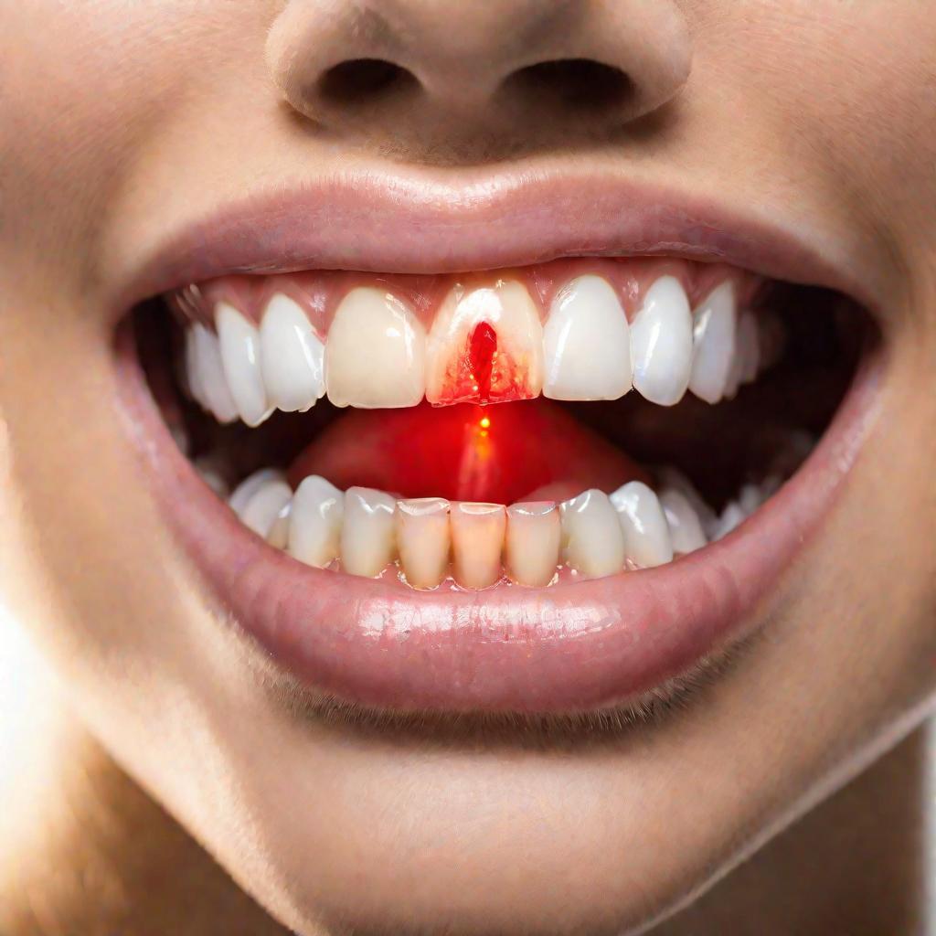 Рот женщины при осмотре дантистом с воспаленными кровоточащими деснами и зубным налетом, признаками гингивита