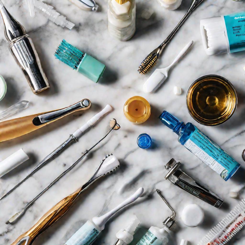 Стоматологические инструменты, лекарства, зубная щетка и паста на мраморной поверхности, символизирующие необходимость комплексной диагностики и лечения