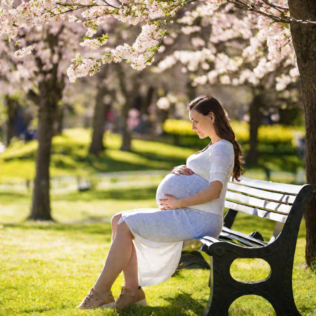 Беременная женщина нежно обнимает живот, сидя на скамейке в парке весной