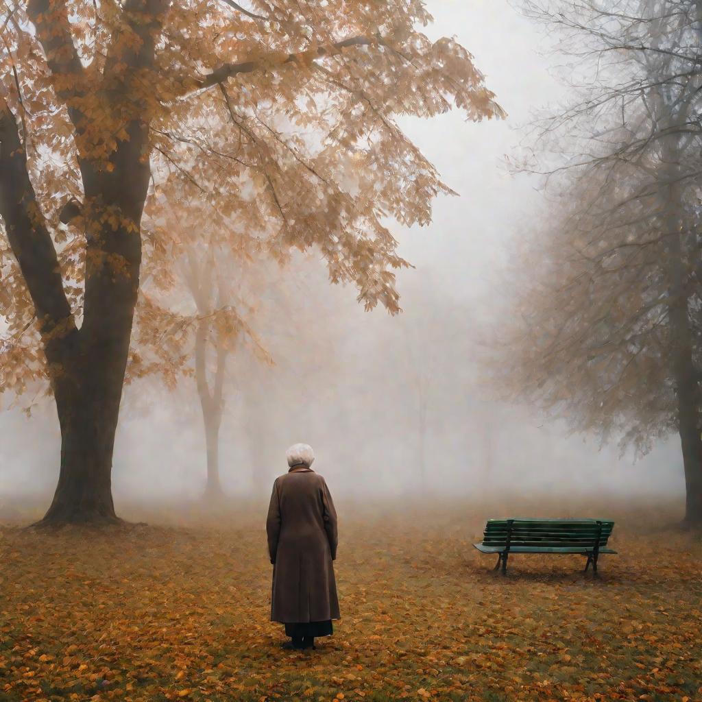 Пожилая женщина ссутулившейся осанкой стоит в парке осенью