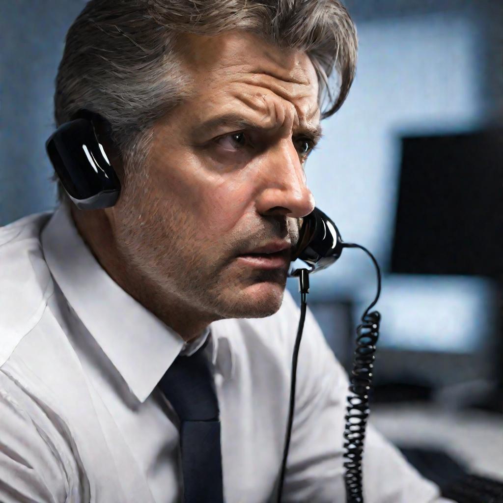 Мужчина за столом в офисе выглядит напуганным и торопливо звонит по телефону