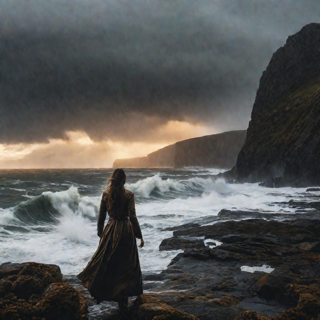 Женщина мечется вдоль берега моря, судорожно сжимая живот во время шторма