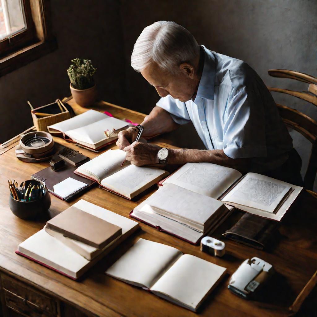Портрет пожилого мужчины за столом с книгами готовится к тренировке памяти.