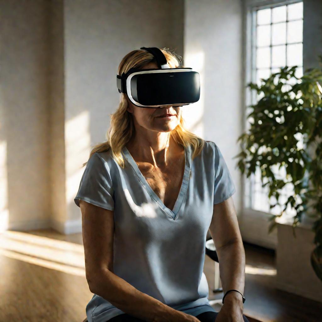 Женщина проходит реабилитацию памяти в VR очках в кабинете врача.
