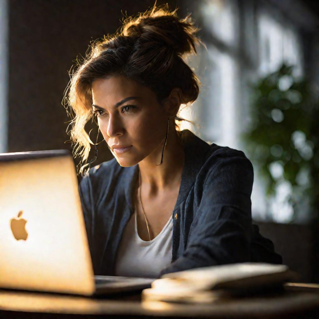 Женщина сосредоточенно работает за ноутбуком