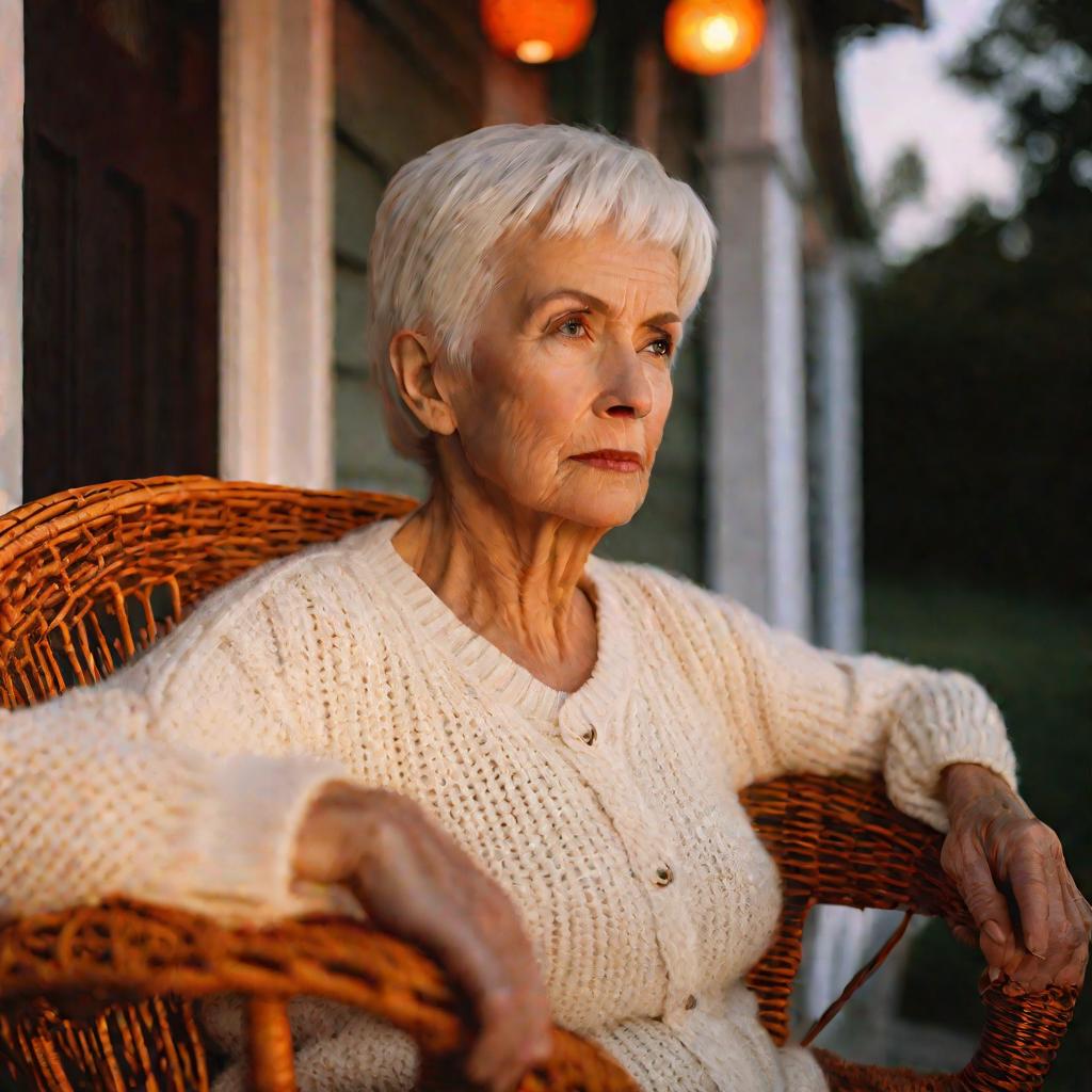 Пожилая женщина сидит в кресле-качалке на веранде осенью.