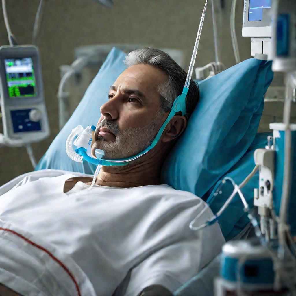 Мужчина в больничной палате с кислородной маской