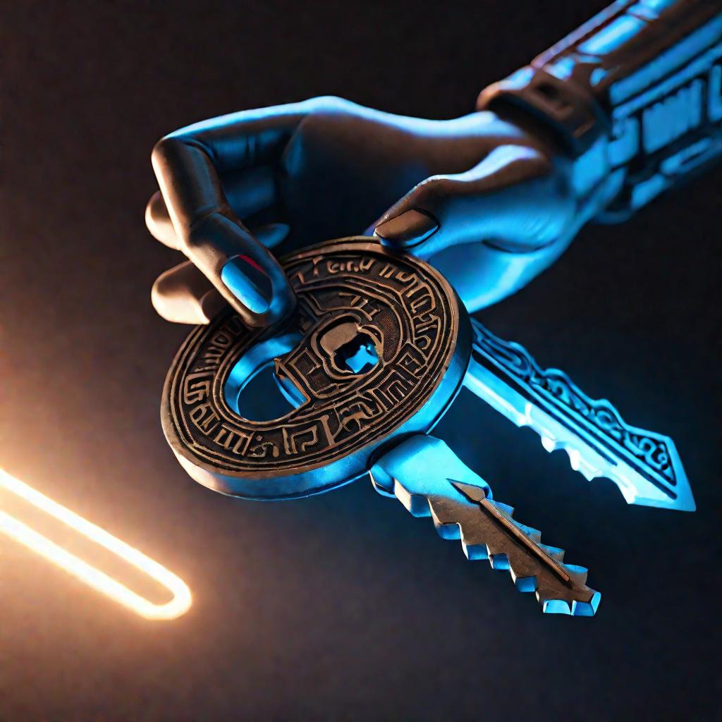 Близкий план: рука держит металлический ключ, подсвеченный синим светом