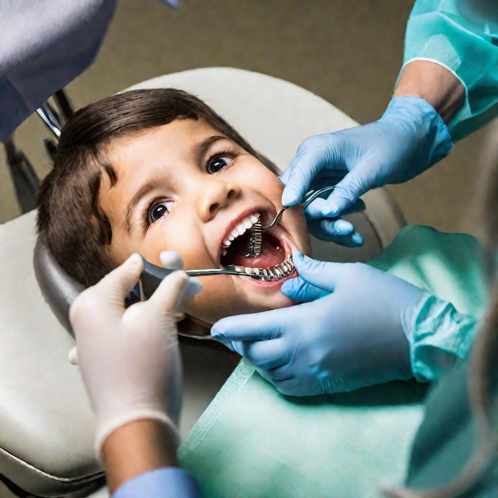Осмотр рта ребенка ортодонтом с использованием стоматологических инструментов