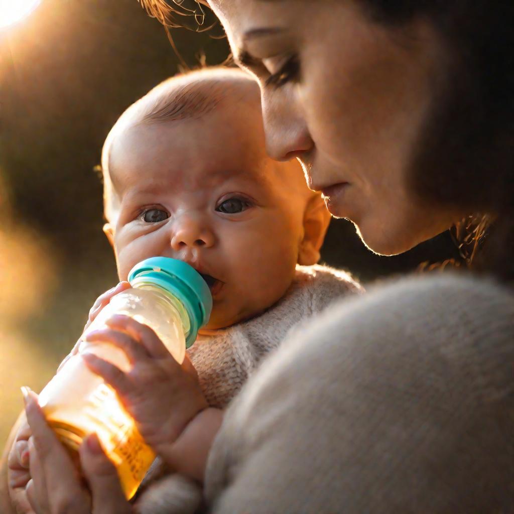 Портрет пьющего из бутылочки ребенка на руках у матери