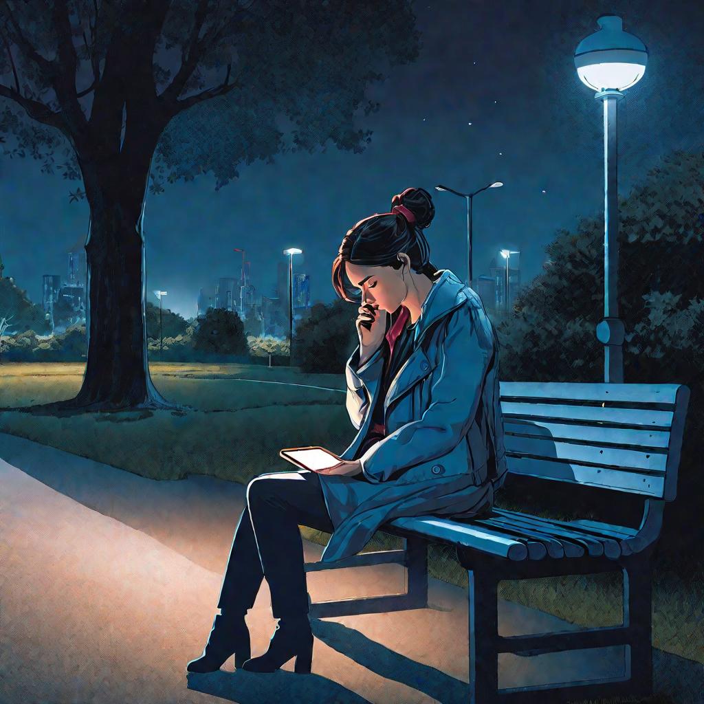 Одинокая женщина ночью на скамейке в парке