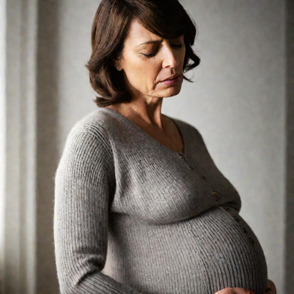 Беременная женщина, обеспокоенно придерживающая свой большой живот