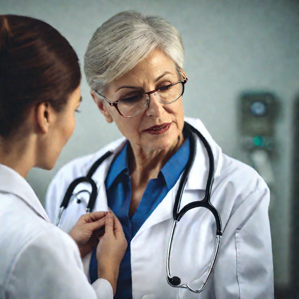 Женщина-врач осматривает пожилого пациента с помощью стетоскопа
