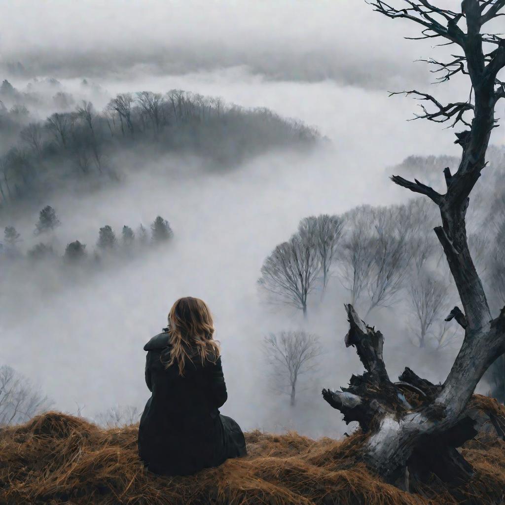 Женщина смотрит вдаль, сидя на холоде в тумане