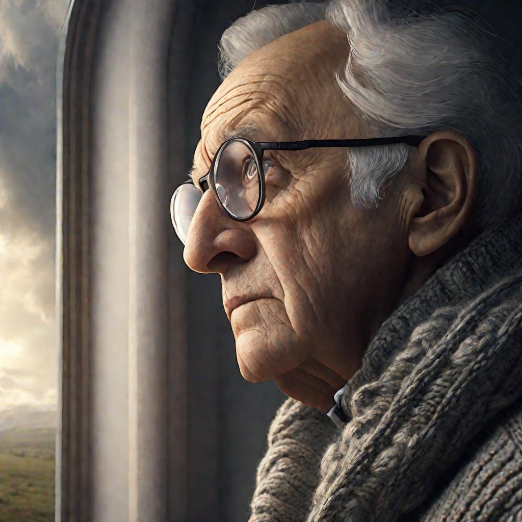 Пожилой мужчина с обеспокоенным выражением лица смотрит в окно в пасмурный день