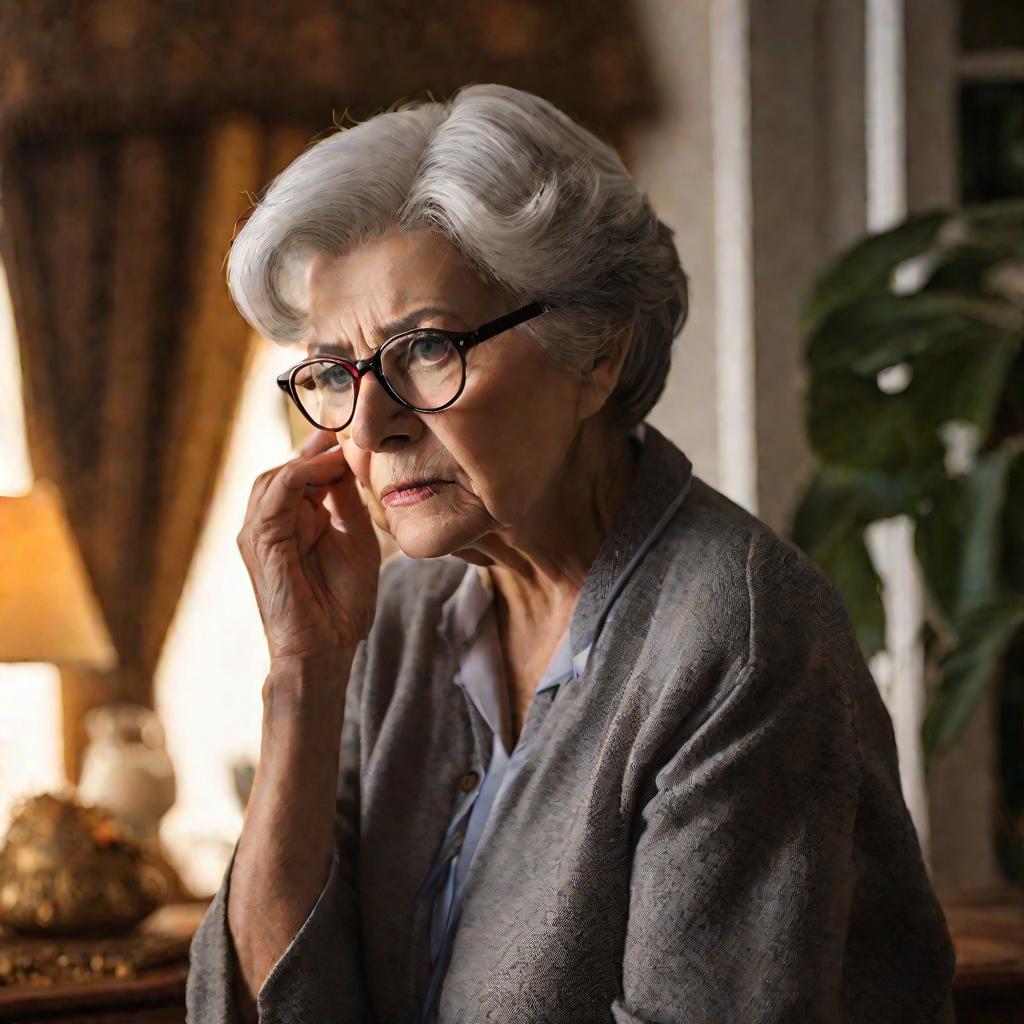 Пожилая женщина около 70 лет с седыми короткими волосами и очками прикасается к лицу с очень смущенным и обеспокоенным выражением в своей гостиной с антикварной мебелью рядом с окном на закате