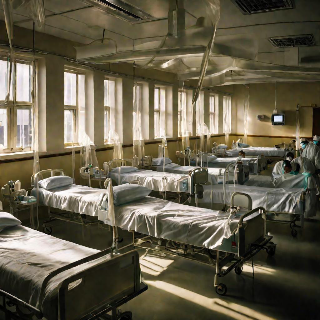Вид сверху на палату больных гриппом во время эпидемии. Пациенты лежат на кроватях, получают капельницы и кислород. Яркий свет из окон создает резкий контраст сцены.