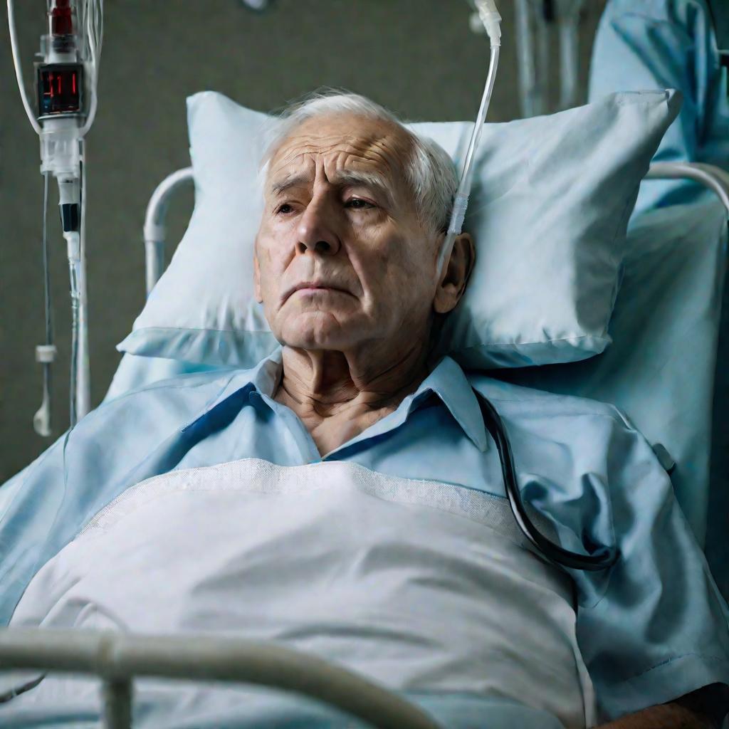Крупный портрет пожилого мужчины в маске кислорода на больничной койке. Лицо бледное, впалые щеки. Фон размыт, акцент на хрупкости.