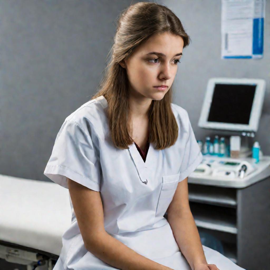 Встревоженная девушка-подросток сидит на медицинской кушетке в кабинете гинеколога, ожидая прихода врача и переживая, сможет ли тот понять, что она мастурбирует.