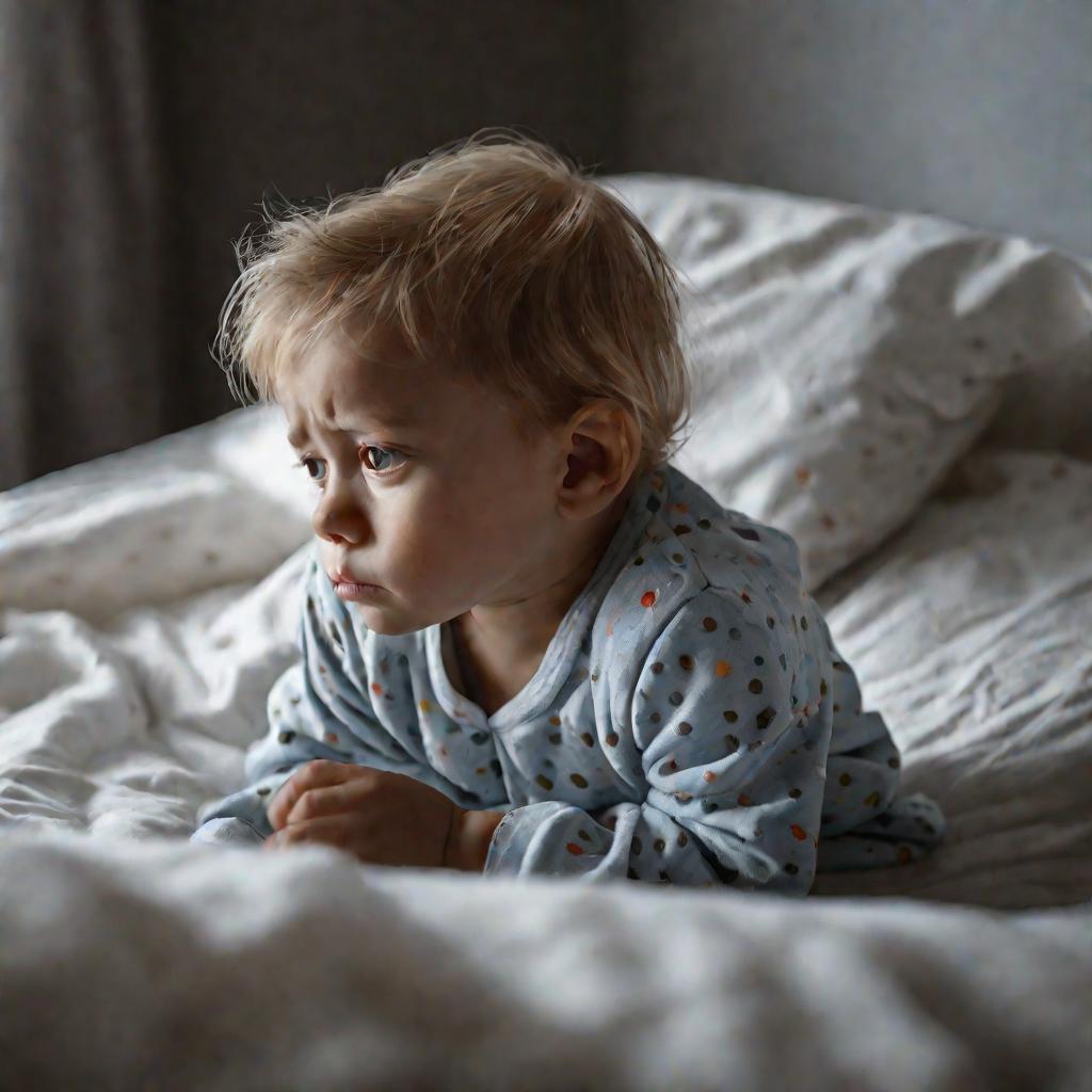 Грустный ребенок с повторной розеолой лежит на кровати с высокой температурой и сыпью