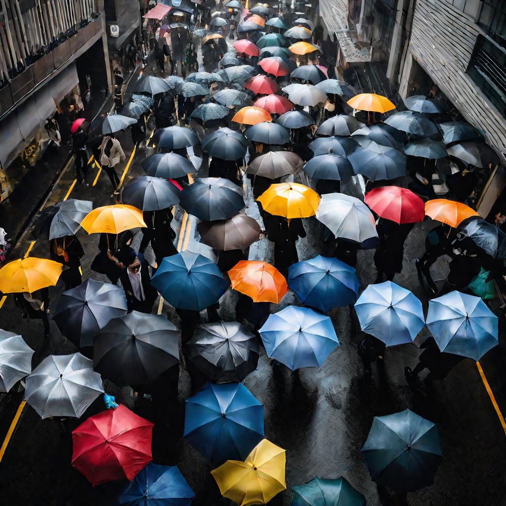 Люди спешат по улице в дождь