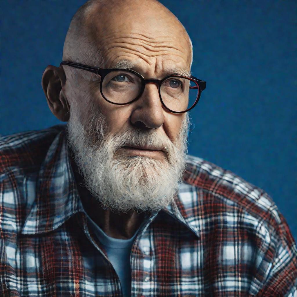 Портрет обеспокоенного лысого пожилого мужчины в очках.