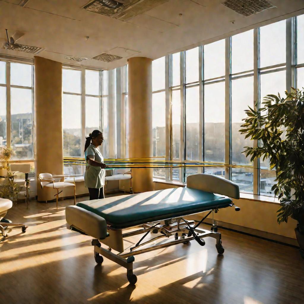 Вид сверху на солнечную больничную палату, где пациент делает физиотерапевтические упражнения с эспандерами под наблюдением врача для лечения воспаления при остеохондрозе