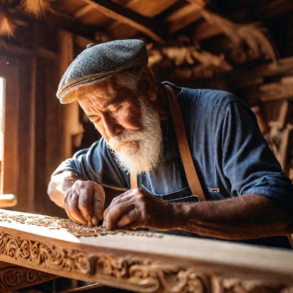 Крупным планом мастер резьбы по дереву, делающий замысловатую резьбу для домашних стрех со сложным цветочным орнаментом.