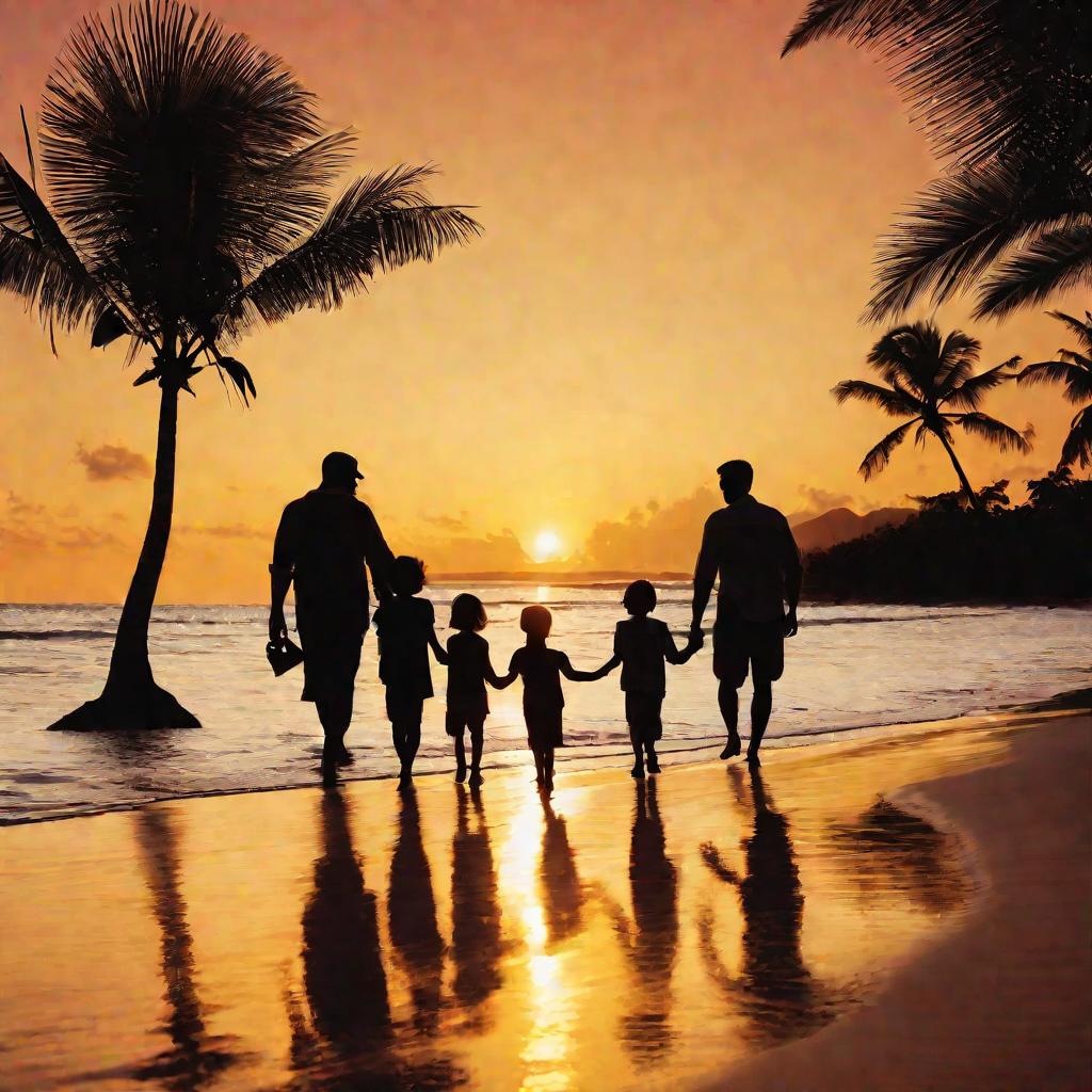 Семья из 4 человек идет по пляжу на закате, держась за руки