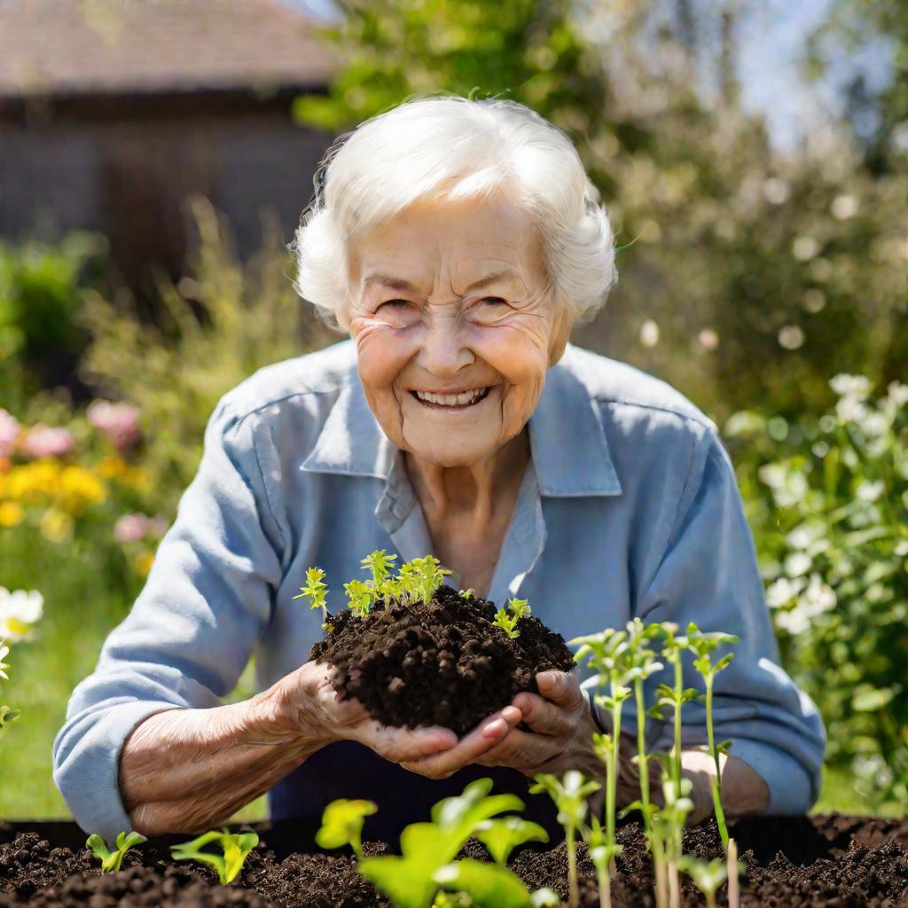 Пожилая женщина с умиротворенной улыбкой сидит в огороде весной