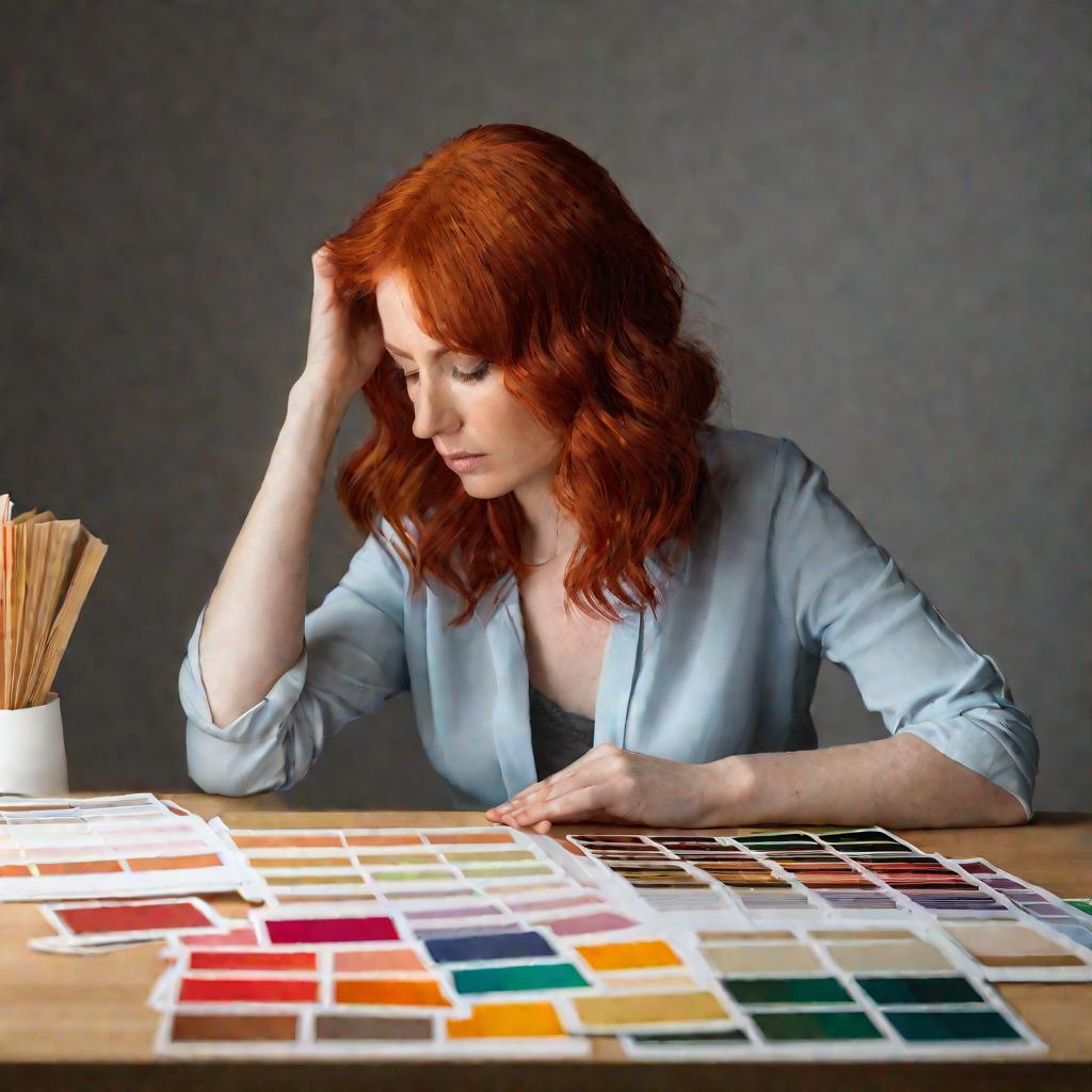 Женщина сосредоточенно рассматривает цветовые карточки