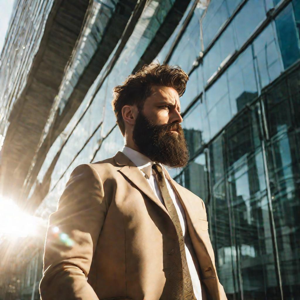 Мужчина в бежевом костюме с бородой стоит перед стеклянным зданием на фоне драматичного солнечного света. Он выглядит раздраженным, одной рукой проводя по волосам, а другой упираясь в бедро и сжимая кейс