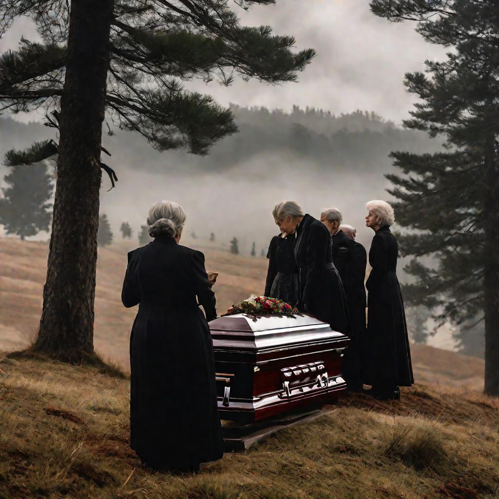 Старушка целует покойника в гробу во время похорон