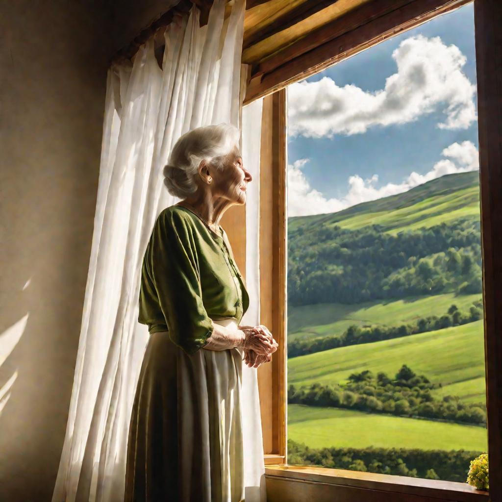 Пожилая женщина смотрит в окно на весенний пейзаж