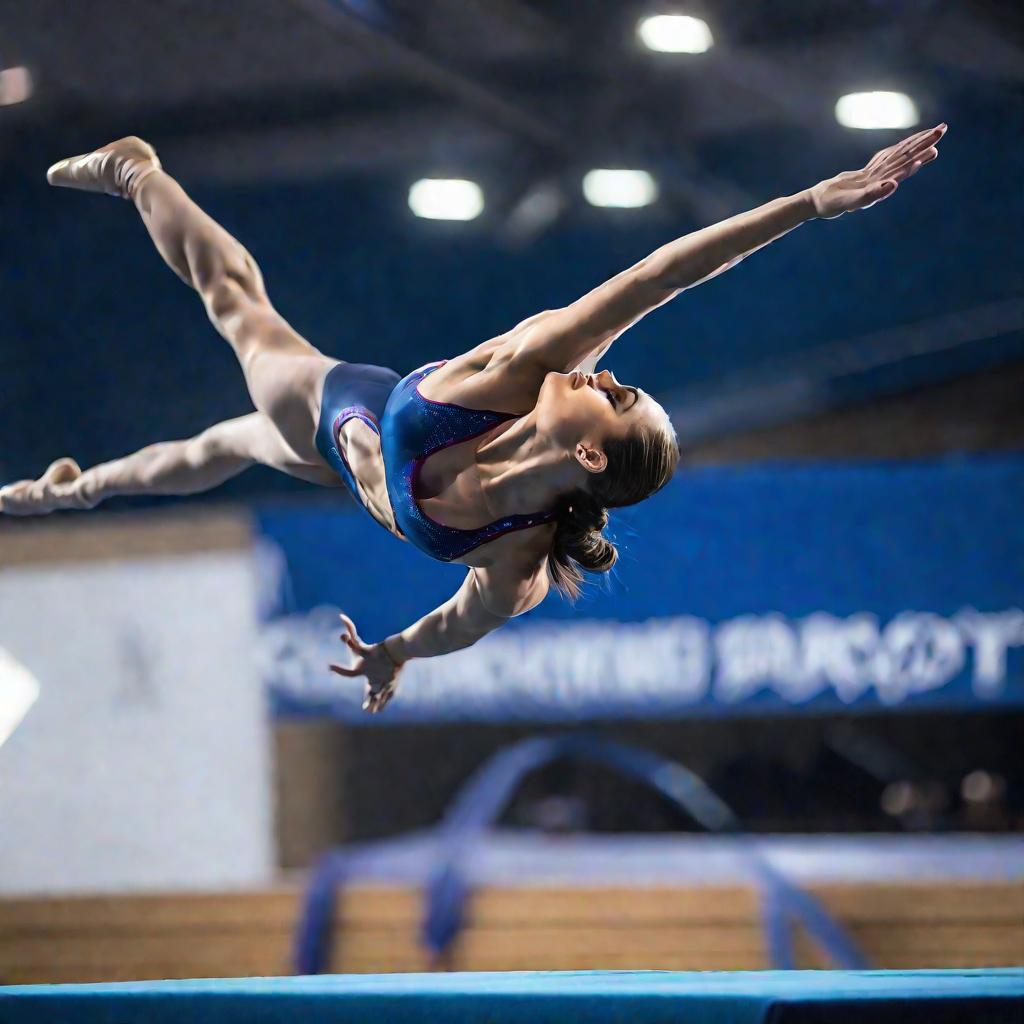 Гимнастка выполняет акробатический прыжок с переворотом