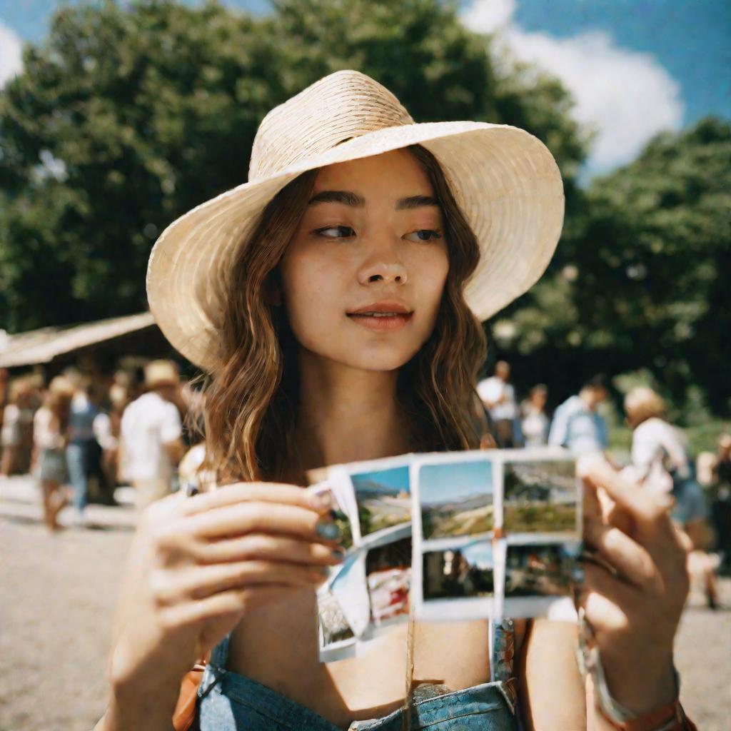 Девушка смотрит на старую фотографию друзей, рядом чемодан с наклейками разных стран, где она путешествовала