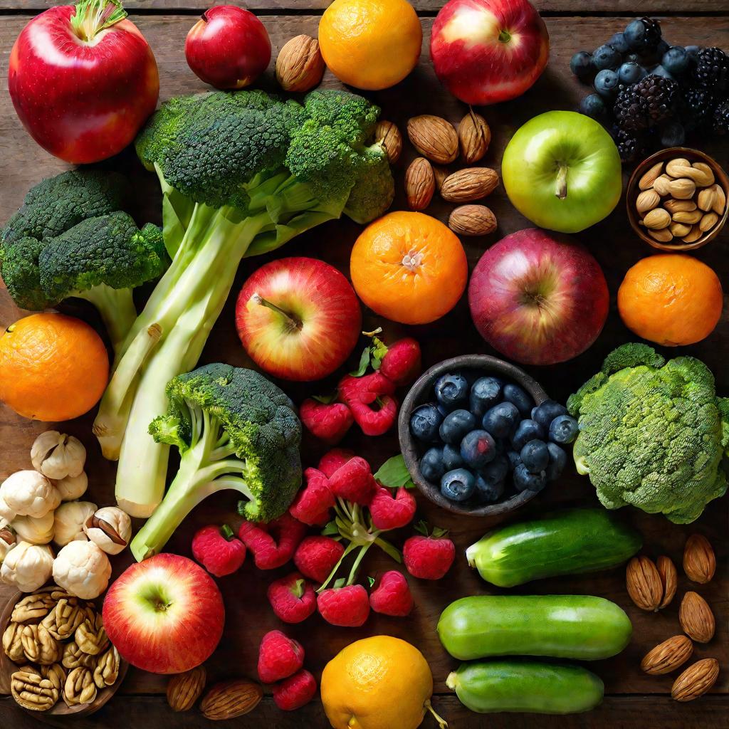 Натюрморт с разнообразными овощами, фруктами и ягодами на светлом деревянном столе