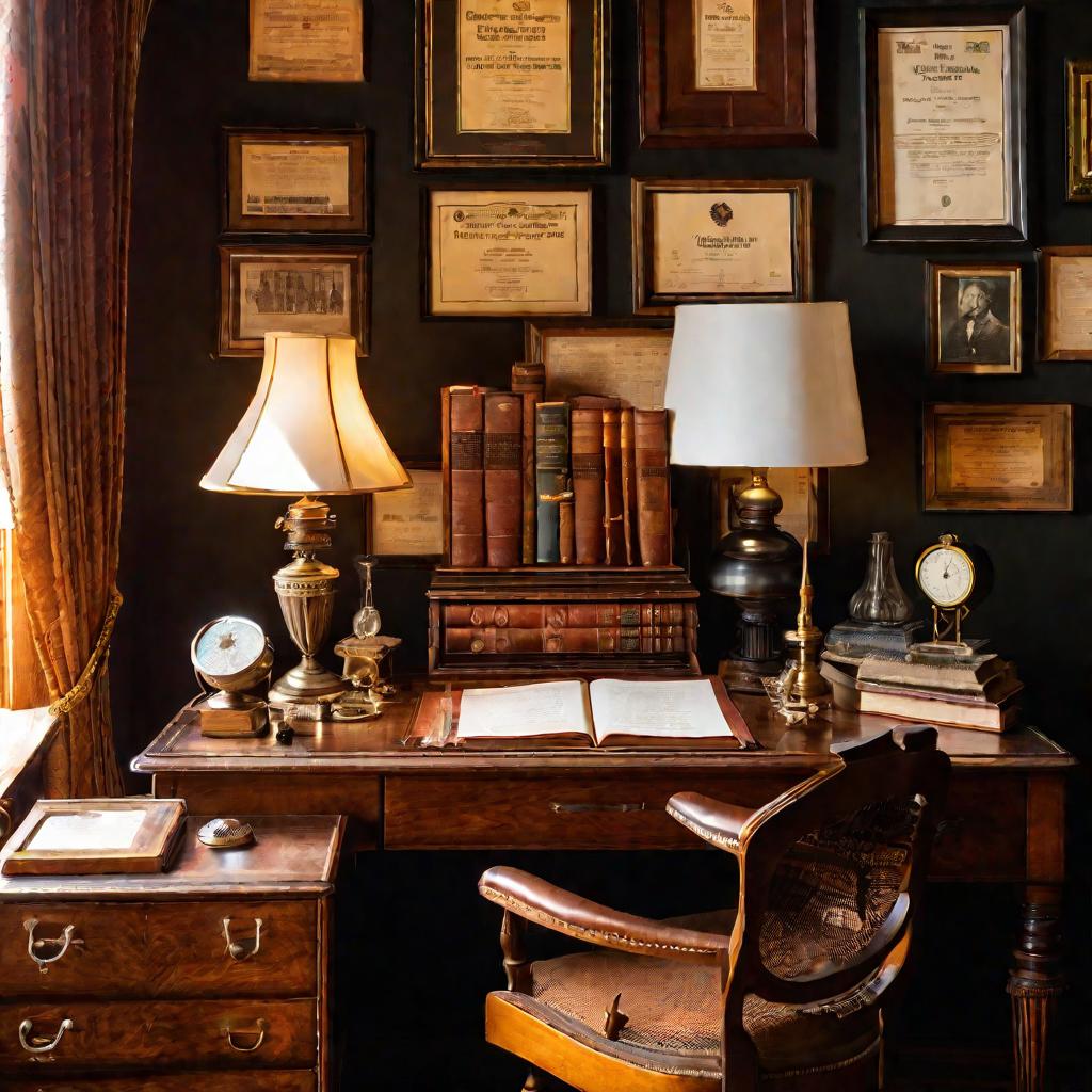 Антикварное бюро с медицинскими дипломами и рисунками на стене в викторианской комнате, хорошо освещенной теплым светом от нескольких ламп