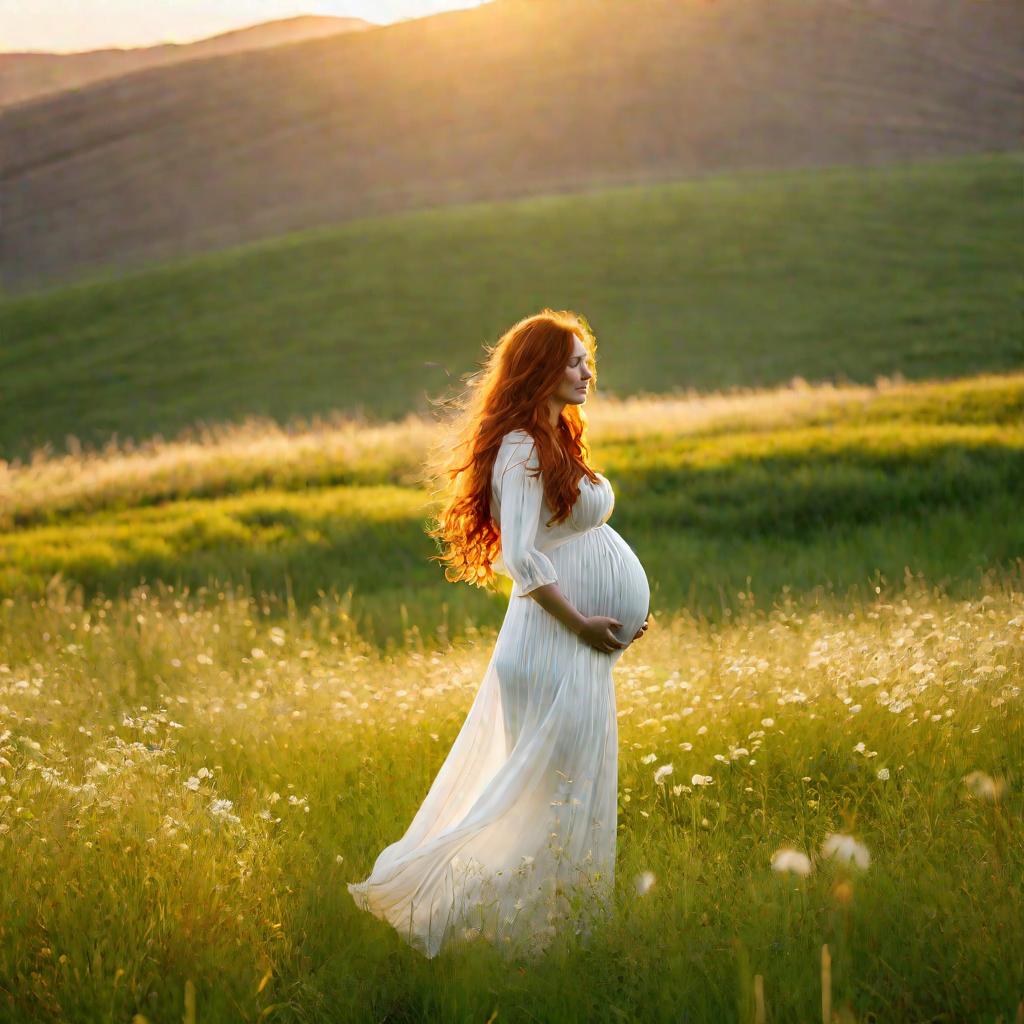 Беременная гуляет по лугу на рассвете