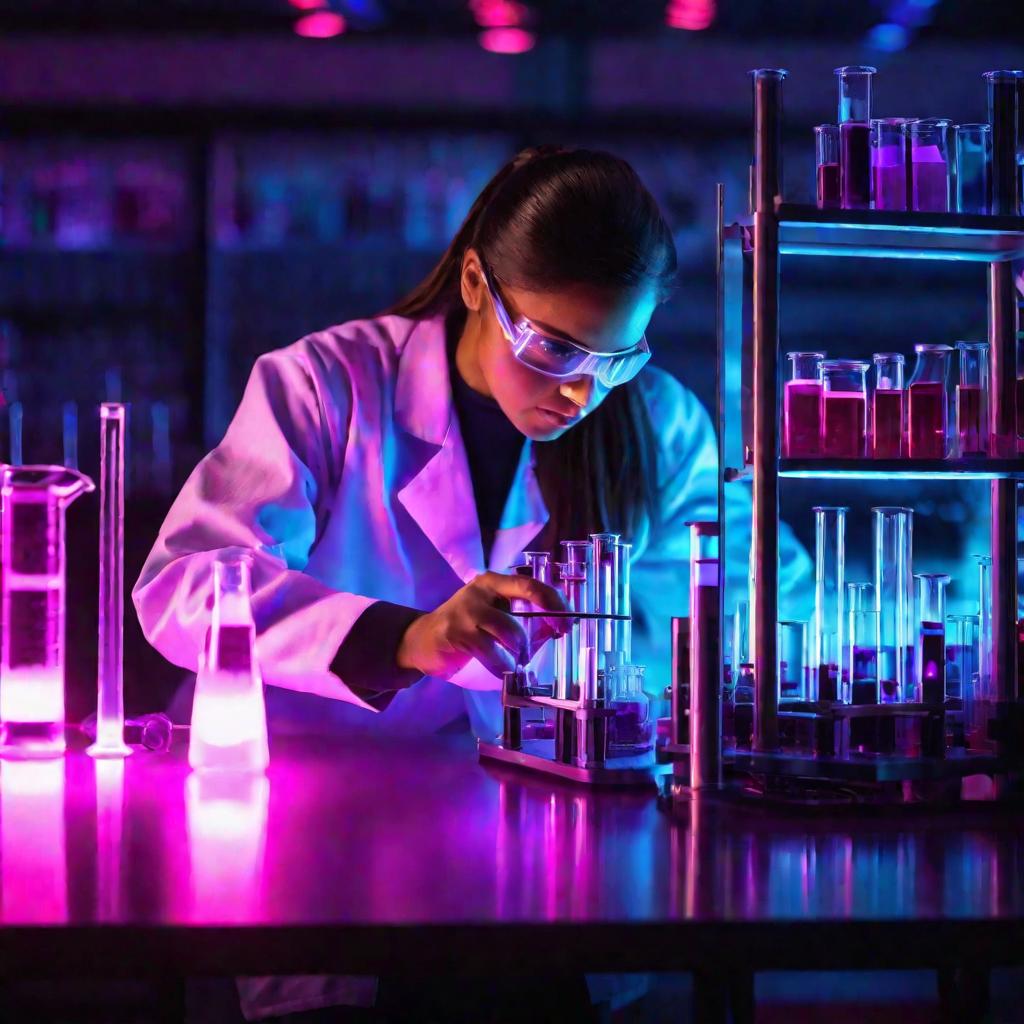 Неоновая химическая лаборатория с кинематографическим освещением. Ученый в халате работает с разноцветными колбами и пробирками, анализируя соединения аминокислот при помощи передовой светящейся неоновой голубой, фиолетовой и розовой техники