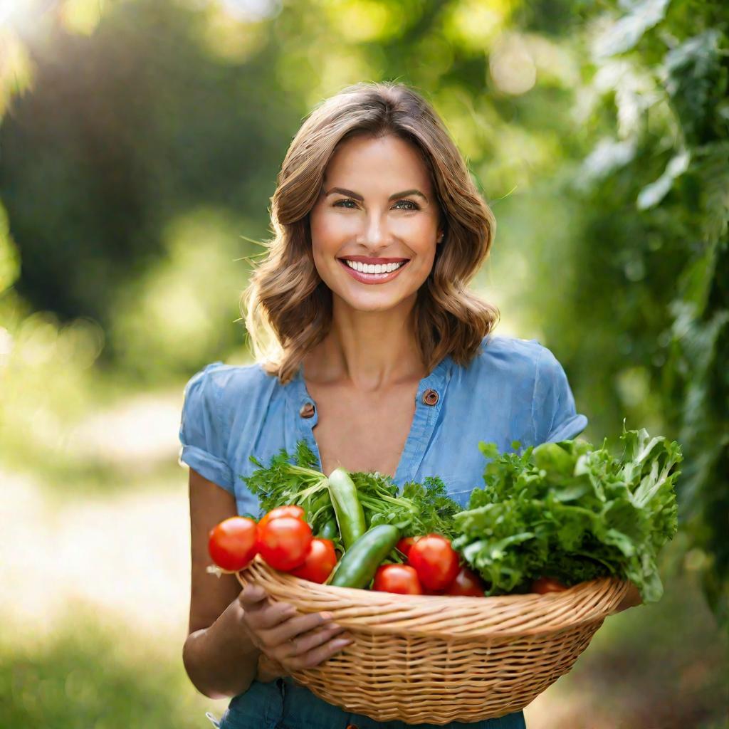 Крупный портрет улыбающейся женщины с корзиной свежих органических овощей на солнечный летний день