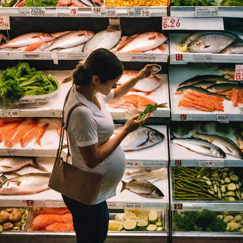 Беременная женщина выбирает рыбу без ртути в магазине
